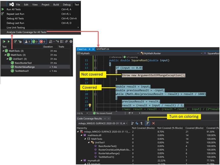 Captura de tela que mostra os resultados da cobertura de código com coloração.