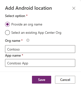 Captura de tela que mostra como criar um novo local do centro de aplicativos no assistente de envoltório.
