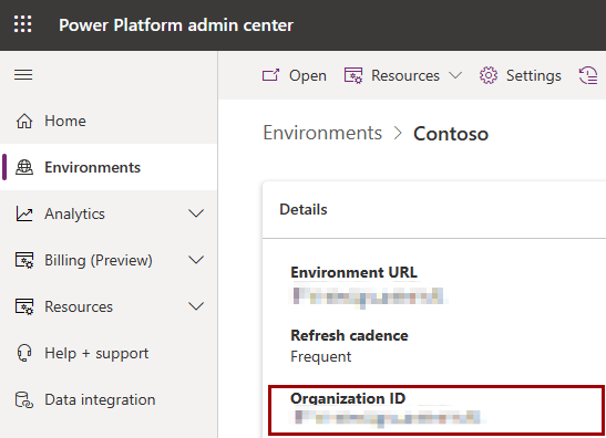 Captura de tela que mostra a ID da organização que você pode encontrar em seu ambiente no centro de administração do Power Platform.