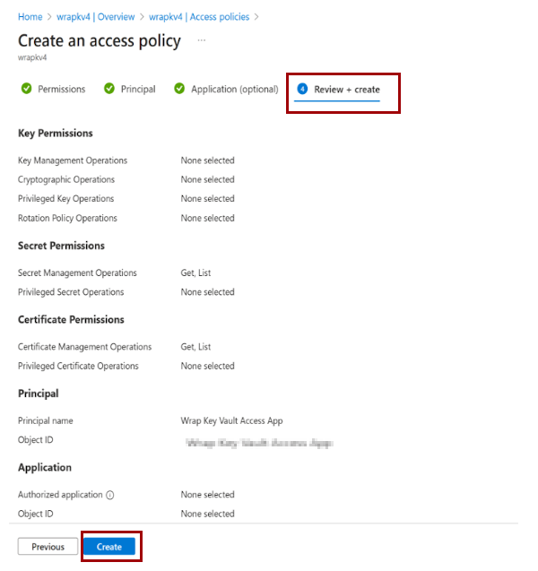 Captura de tela que mostra como examinar e criar a política de acesso ao cofre.