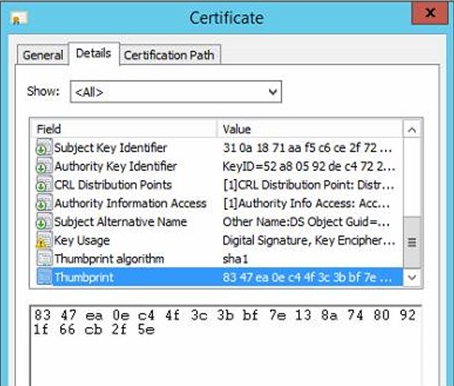 Um exemplo do thumbprint do certificado nas propriedades do Certificado.