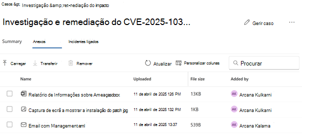 Captura de ecrã a mostrar os detalhes do separador Anexos de um caso.
