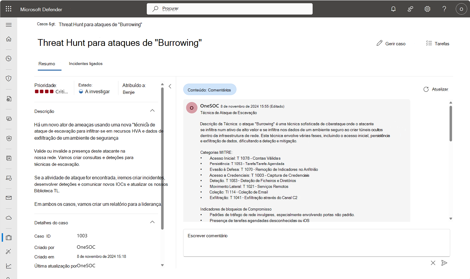 Captura de ecrã da página de detalhes do caso no portal do Defender.