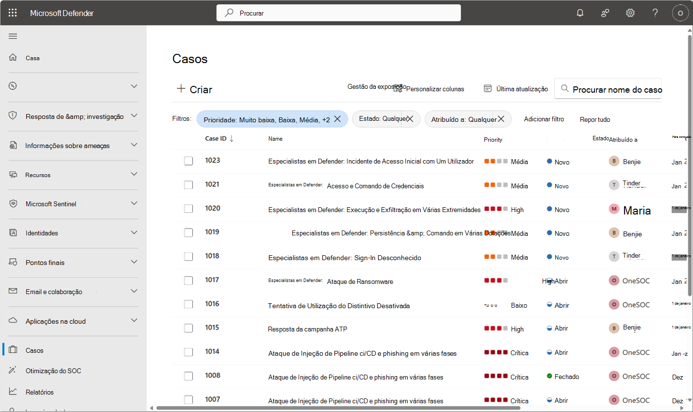 Captura de ecrã da fila de casos no portal do Defender.