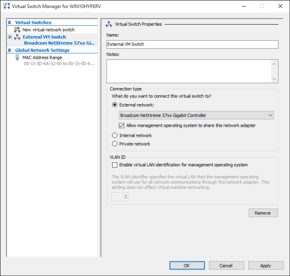 Screenshot of the Virtual Switch Properties section of the Virtual Switch Manager pane.