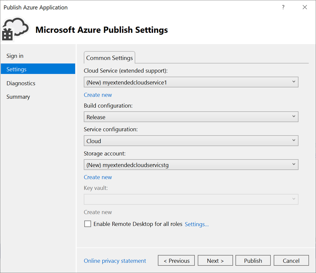 Captura de tela que mostra as configurações no painel Configurações de Publicação do Microsoft Azure.