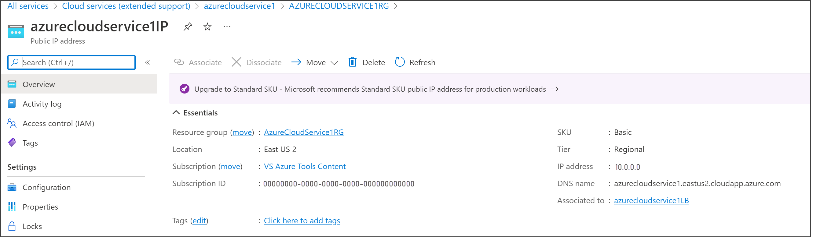 Screenshot showing where to find the public IP address for the cloud service.