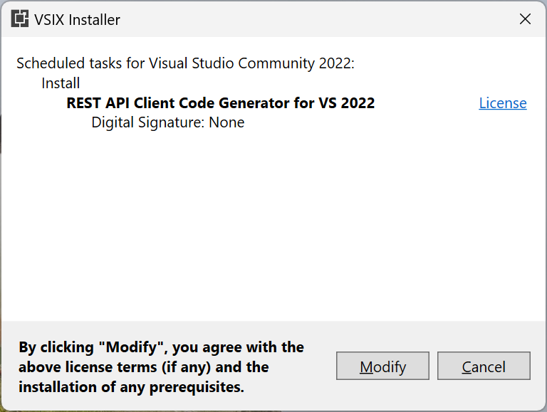 Captura de tela que mostra a caixa de diálogo Instalador do VSIX.