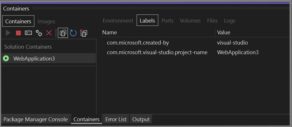 Captura de tela da janela Contêineres no Visual Studio mostrando a guia Rótulos.