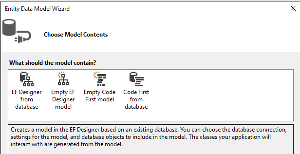 Captura de tela que mostra as opções para gerar o novo modelo no assistente Modelo de Dados de Entidade.