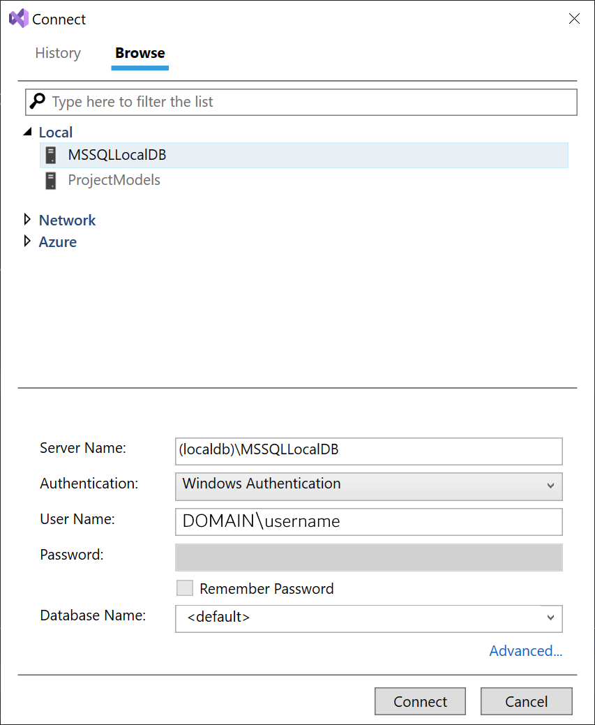 Captura de tela da caixa de diálogo Conectar-se ao Banco de Dados SQL
