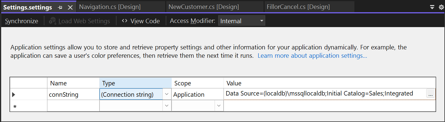 Captura de tela de Cadeia de Conexão em Settings.settings