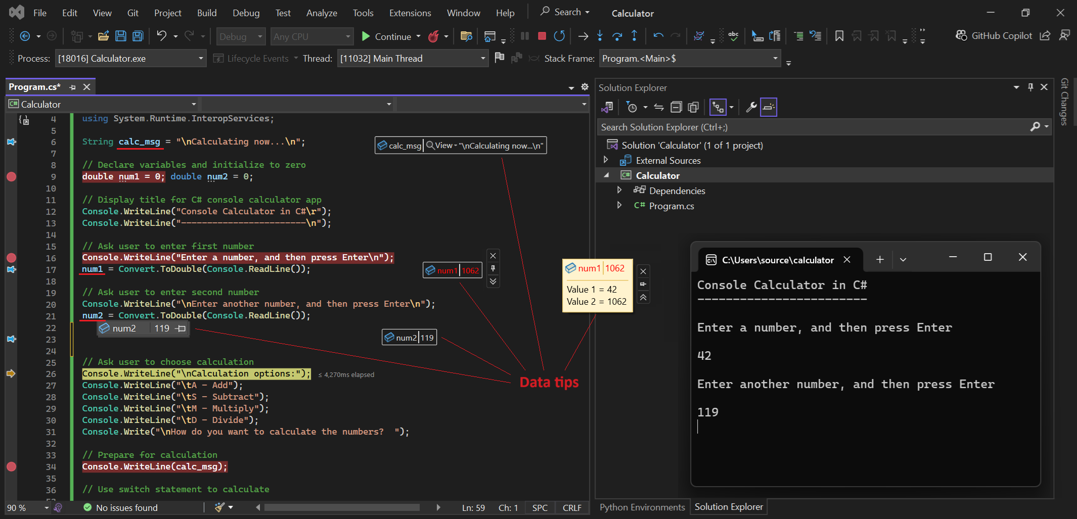 Captura de tela de uma sessão de depuração no Visual Studio com exemplos de dicas de dados para variáveis no escopo.