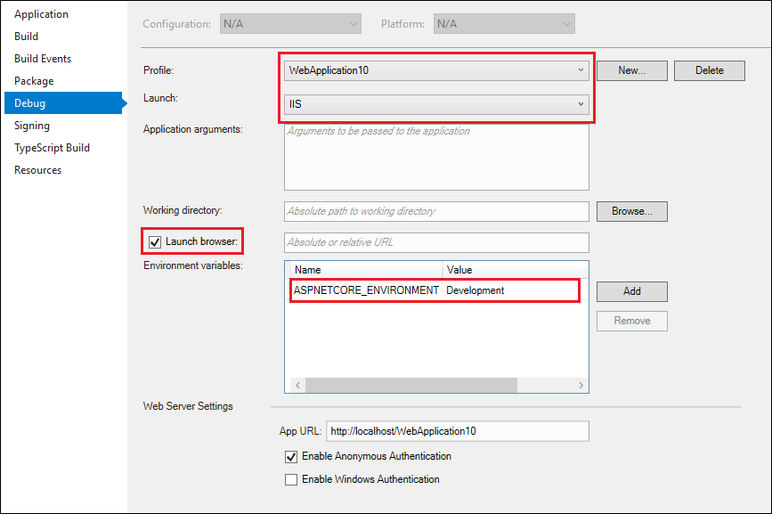 Configurações do depurador ASP.NET Core Configurações do depurador ASP.NET Core