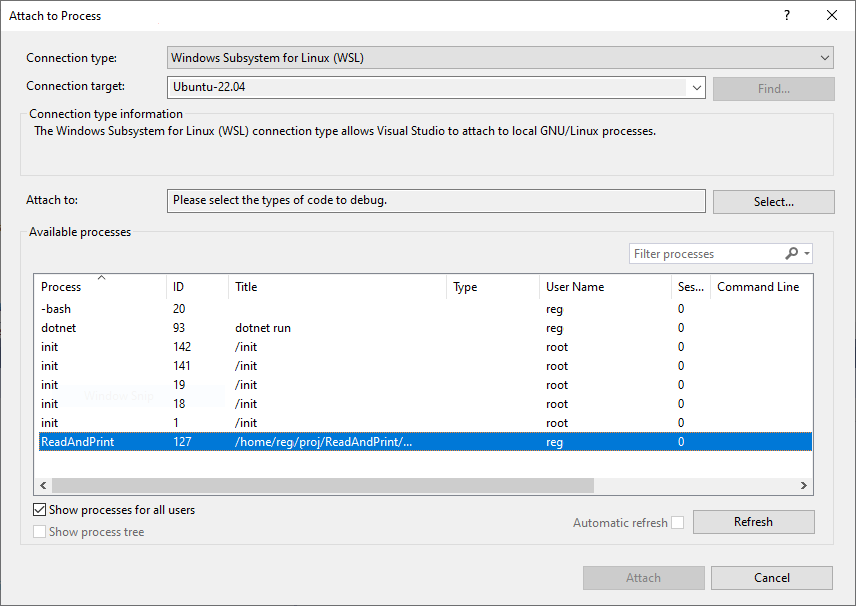 Captura de tela do processo WSL na caixa de diálogo anexar ao processo.