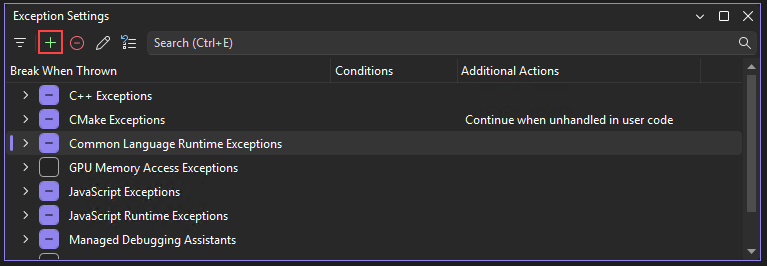 Captura de ecrã do botão Adicionar uma exceção à categoria selecionada.