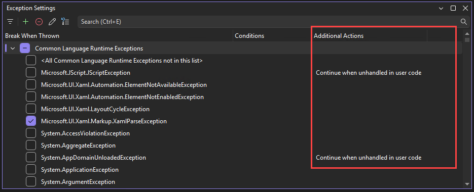 Captura de ecrã da coluna Ações Adicionais.