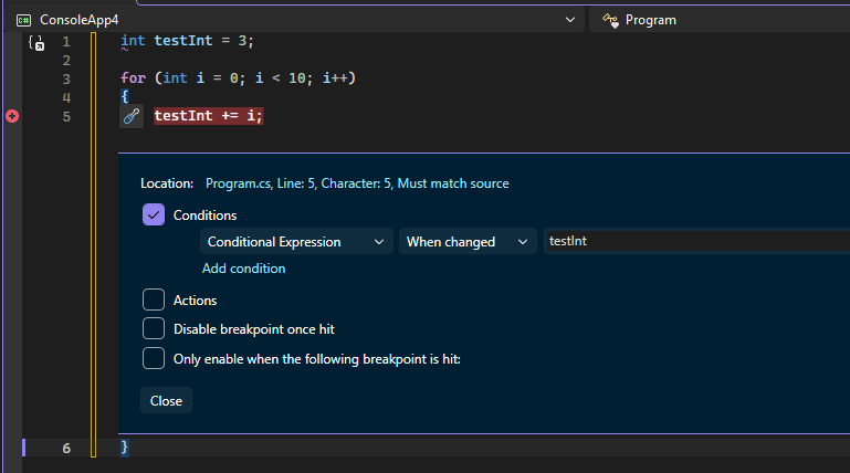 Captura de ecrã que mostra um ponto de interrupção quando é alterado.