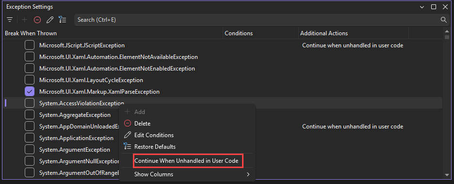 Captura de ecrã da opção Continuar quando não é tratada nas definições do código do utilizador.
