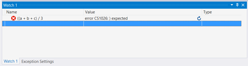 Screenshot of Watch expression error.