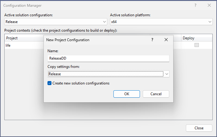 Uma captura de tela que mostra a caixa de diálogo Nova Configuração do Projeto para uma compilação de versão.