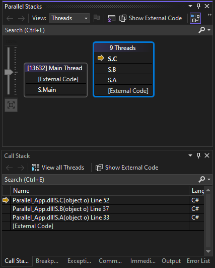 PDB_Walkthrough_1 Screenshot of Threads view in Parallel Stacks window.