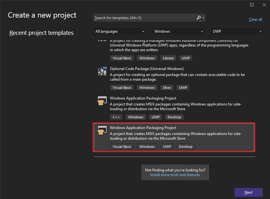 Captura de tela que mostra a seleção do Windows Application Packaging Project.