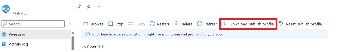 Captura de tela mostrando como baixar o perfil de publicação no Serviço de Aplicativo do Azure.