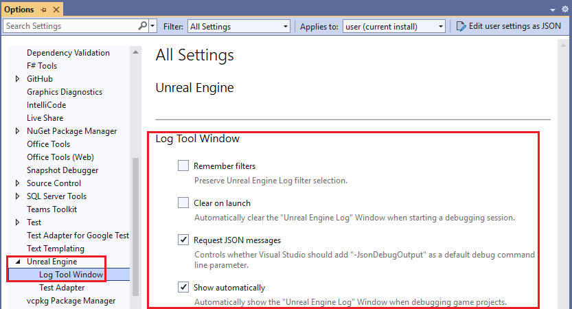 Uma captura de tela das opções da janela Unreal Engine Log.
