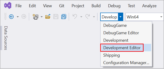 Captura de tela do menu suspenso de configuração da solução Visual Studio. O Editor de Desenvolvimento está selecionado.
