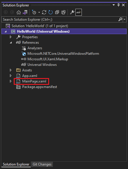 Captura de tela da janela Gerenciador de Soluções mostrando as propriedades, referências, ativos e arquivos no projeto HelloWorld. O arquivo MainPage.xaml está selecionado.