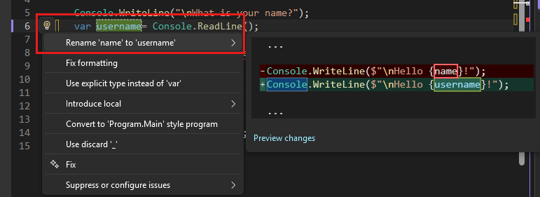 Captura de ecrã que mostra a ação Renomear em Visual Studio.