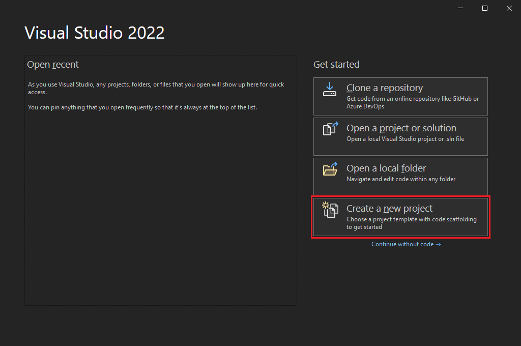 Captura de ecrã do menu inicial do Visual Studio 2022 com Criar um novo projeto selecionado.