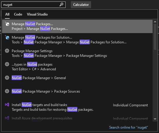 Captura de ecrã que mostra a caixa de pesquisa de Lançamento Rápido em Visual Studio 2022.