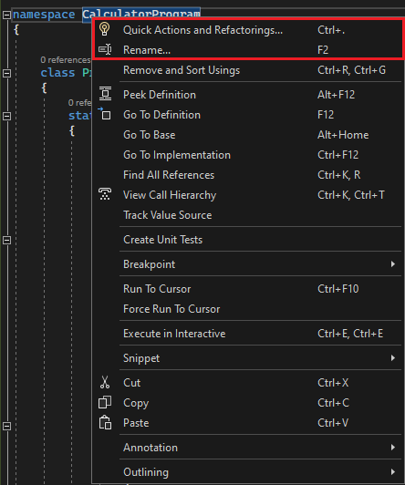 Captura de ecrã que mostra refatoração em Visual Studio 2022.