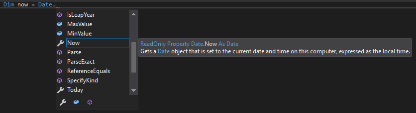 Captura de tela que mostra os membros da lista do IntelliSense no Visual Studio.