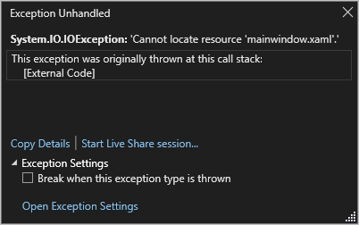 Screenshot showing the 'Exception Unhandled' window with a System.IO.Exception message that reads 'Cannot locate resource mainwindow.xaml'.