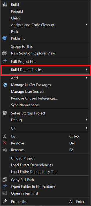 Captura de ecrã do menu de contexto ao clicar com o botão direito de um nó do projeto no Gerenciador de Soluções, que apresenta uma opção adicional.