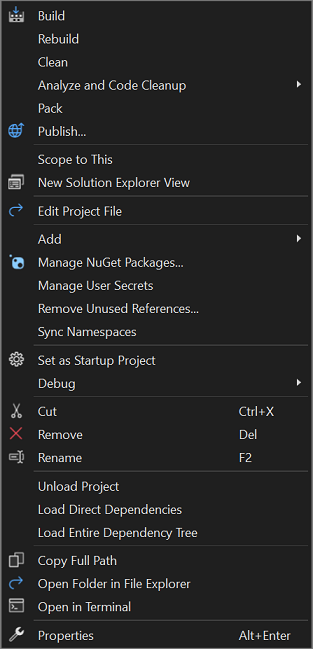 Captura de ecrã do menu de contexto ao clicar com o botão direito do rato num nó de projeto no Gerenciador de Soluções.