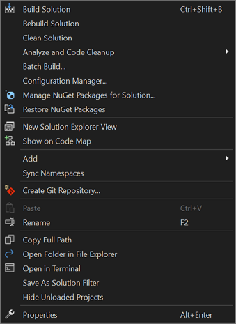 Captura de tela do menu de contexto do botão direito do mouse de um nó de solução no Gerenciador de Soluções.