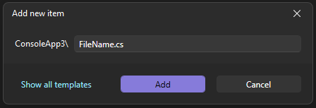 Captura de tela da nova caixa de diálogo Adicionar Rápido no Visual Studio.