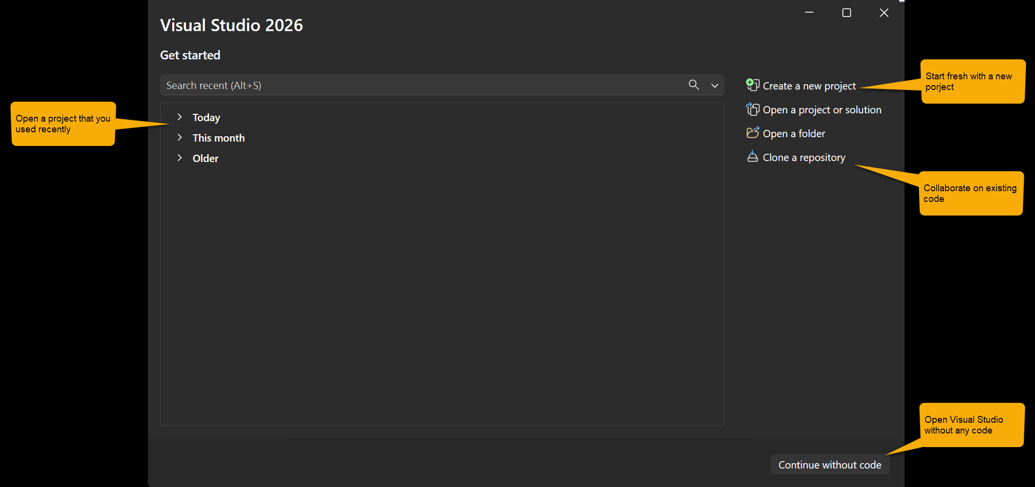 Uma captura de ecrã anotada que mostra a janela de início em Visual Studio.