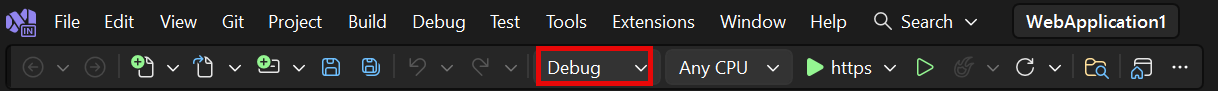 Captura de tela mostrando a configuração ativa na barra de ferramentas principal do Visual Studio.