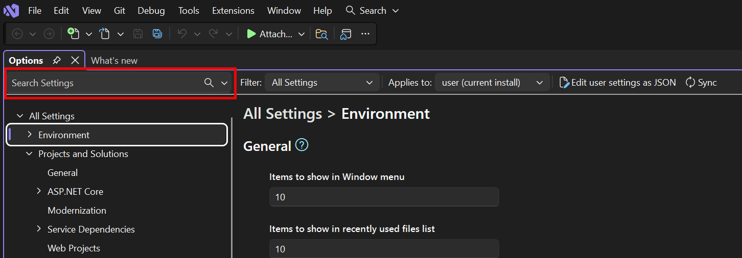 Captura de ecrã da barra de pesquisa nas definições do Visual Studio.