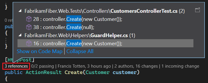 Captura de ecrã que mostra como selecionar a opção de referências CodeLens em Visual Studio.