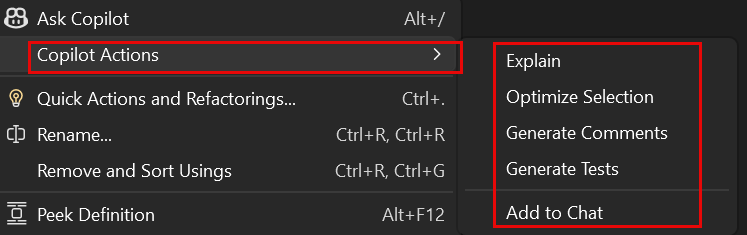 Captura de ecrã das ações do Copilot no menu de contexto.