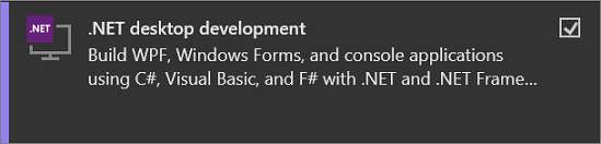 Captura de ecrã da carga de trabalho de desenvolvimento .NET desktop selecionada no Visual Studio Installer.