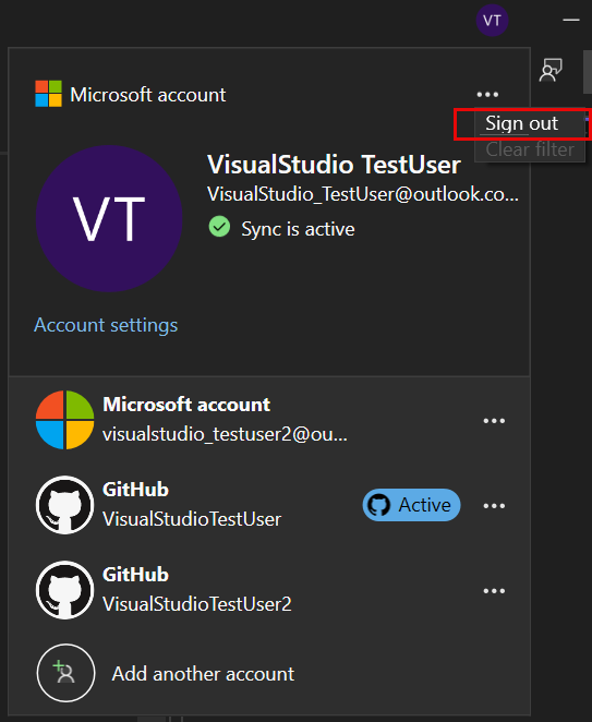 Captura de ecrã a mostrar a saída de todas as contas a partir do cartão de perfil.