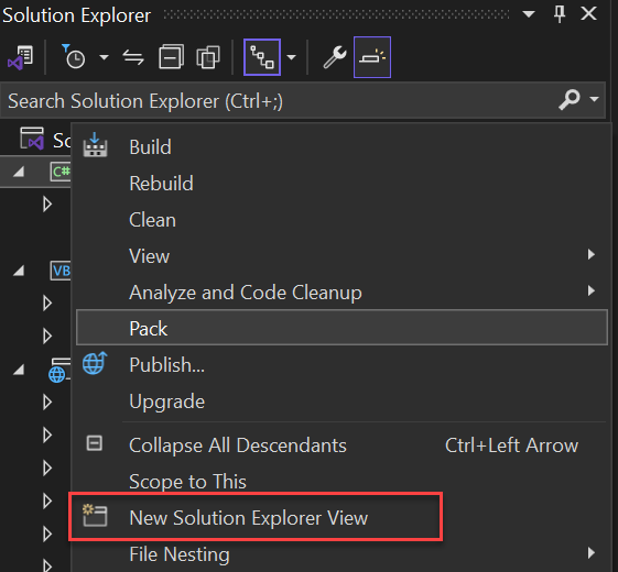 Captura de ecrã da Nova Vista do Explorador de Soluções a partir do menu de contexto do botão direito do rato no Explorador de Soluções.