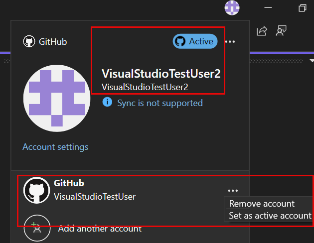 Captura de tela da conta ativa do GitHub em Configurações da conta.